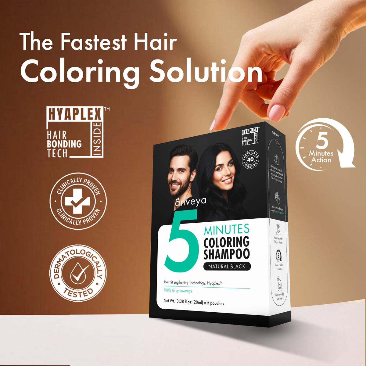 Anveya 5-Minutes Coloring Shampoo - Natural Black, 100ml