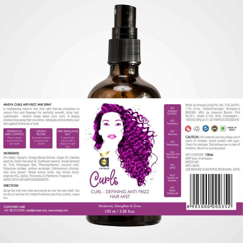 Curls Hair Mist, 100ml for Curl-Defining, Anti-Frizz, Curly Hair