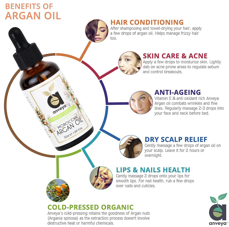 Anveya Moroccan Argan Oil, Cold Pressed Organic, 50ML, For Hair, Skin & Anti-Ageing