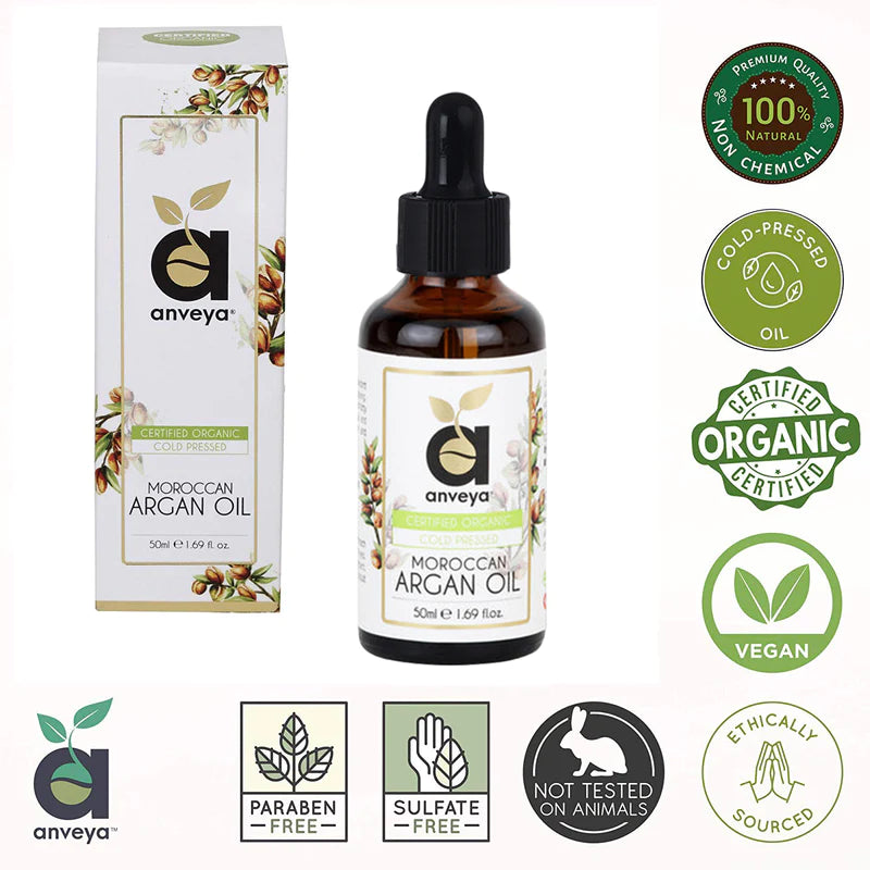 Anveya Moroccan Argan Oil, Cold Pressed Organic, 50ML, For Hair, Skin & Anti-Ageing