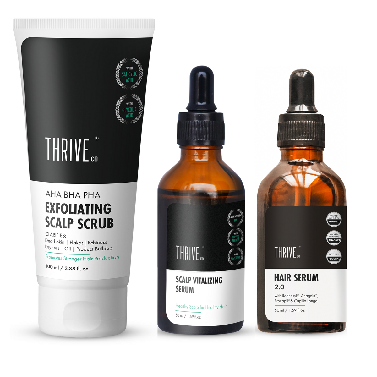 Hair Care Kit: ThriveCo Scalp Scrub (100ml) + Vitalizing Serum (50ml) + Hair Growth Serum (50ml)