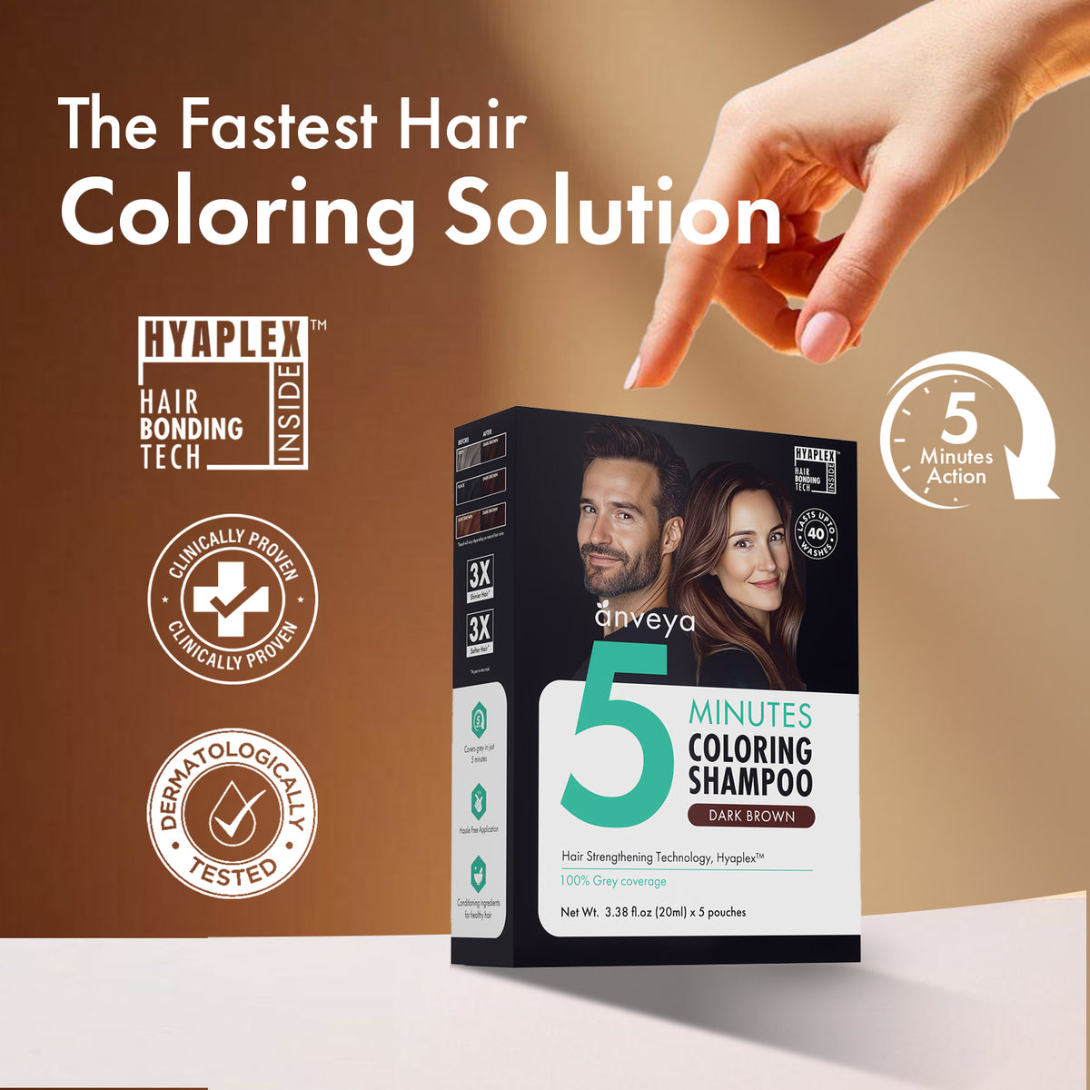 Anveya 5-Minutes Coloring Shampoo - Dark Brown, 100ml