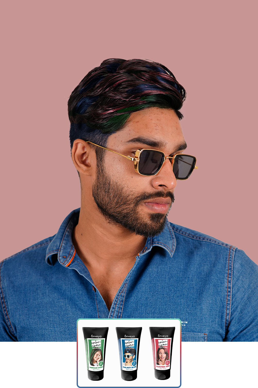 Anveya Electric Red + Mermaid Green + Galaxy Blue | Look#70 - Temporary Hair Color