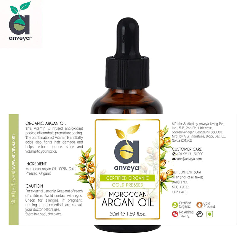 Anveya Moroccan Argan Oil, Cold Pressed Organic, 50ML,  For Hair, Skin & Anti-Ageing