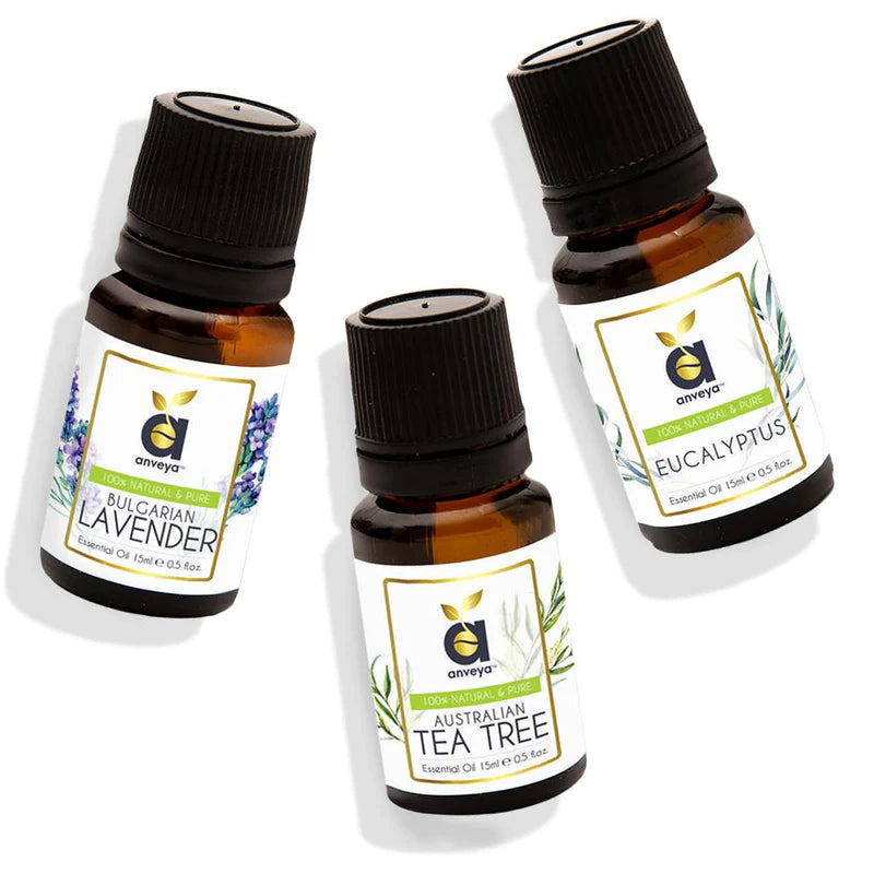 Set of Top 3 Essential Oils: Tea Tree + Eucalyptus + Lavender Oil, for Skin, Hair & Aroma