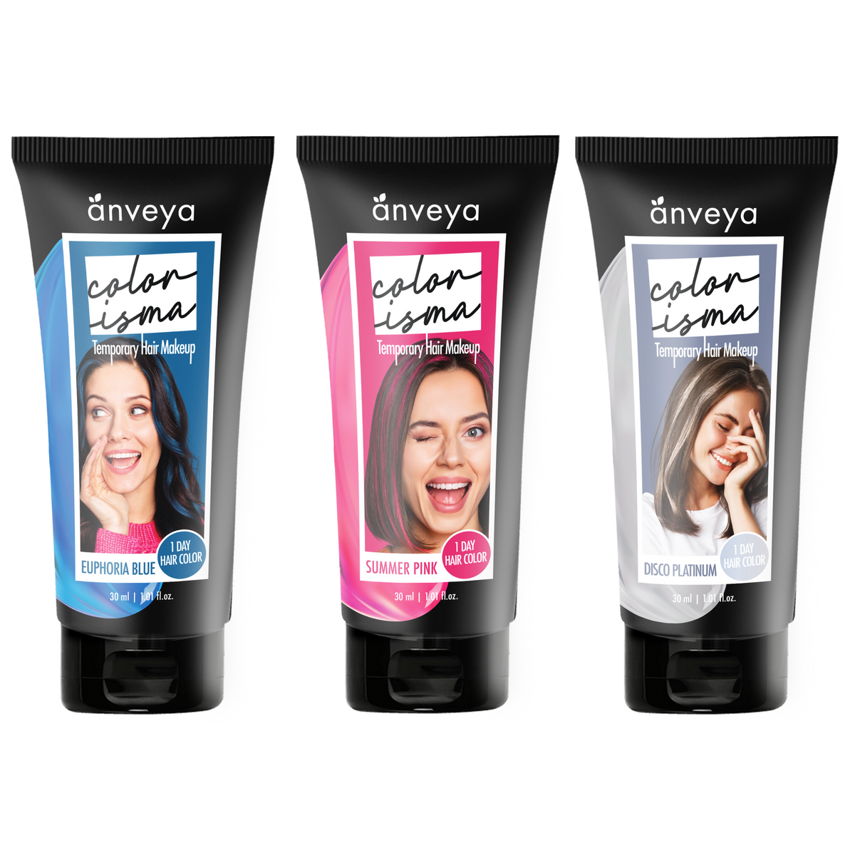 Anveya Colorisma Euphoria Blue, Summer Pink and Disco Platinum Temporary Hair Color, 30ml each