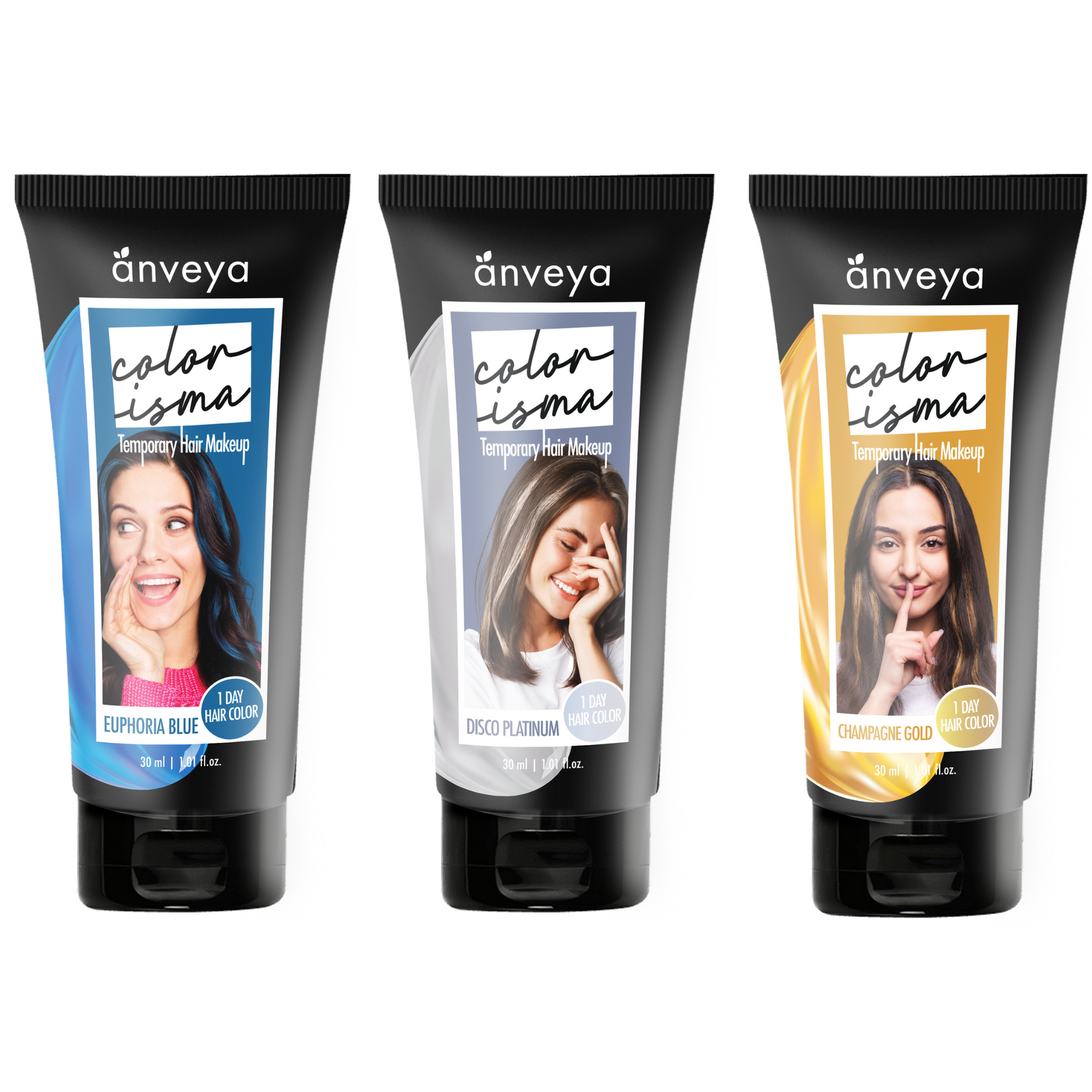 Anveya Colorisma Euphoria Blue, Disco Platinum and Champagne Gold Temporary Hair Color, 30ml each