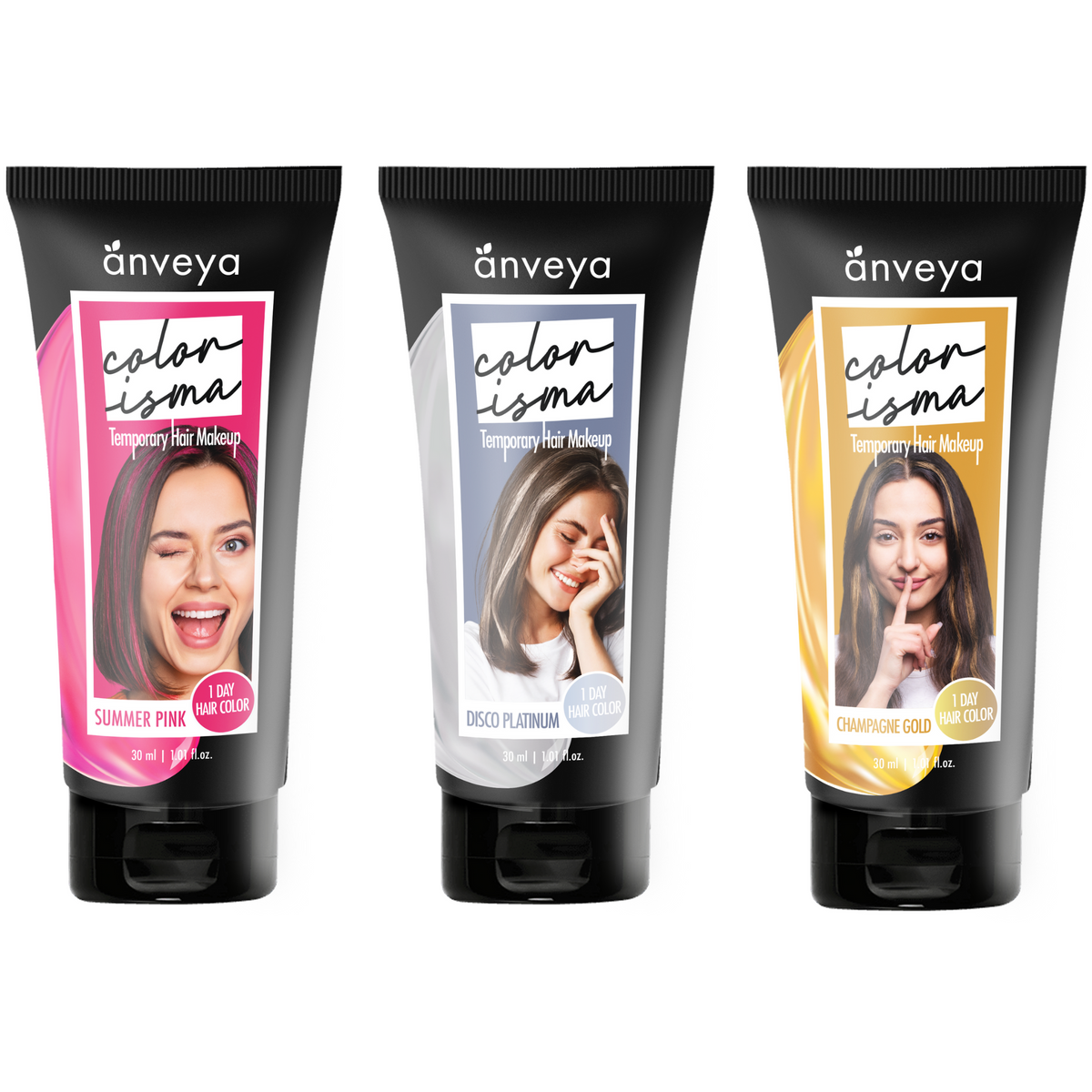 Anveya Colorisma Summer Pink, Disco Platinum & Champagne Gold Temporary Hair Color, 30ml each