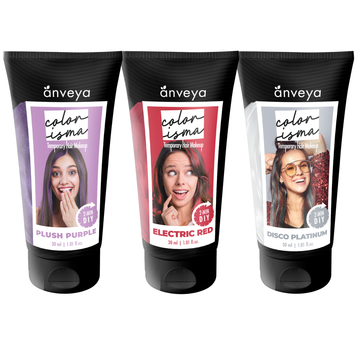 Anveya Colorisma Electric Red, Disco Platinum & Plush Purple Temporary Hair Color, 30ml each